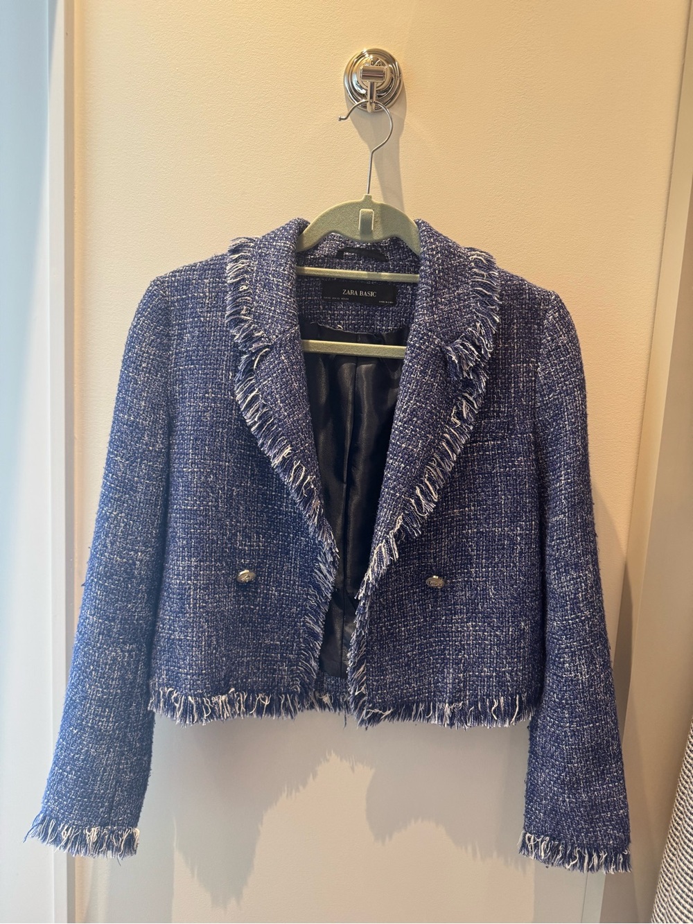 Zara Blue Tweed Cropped Fringe Blazer